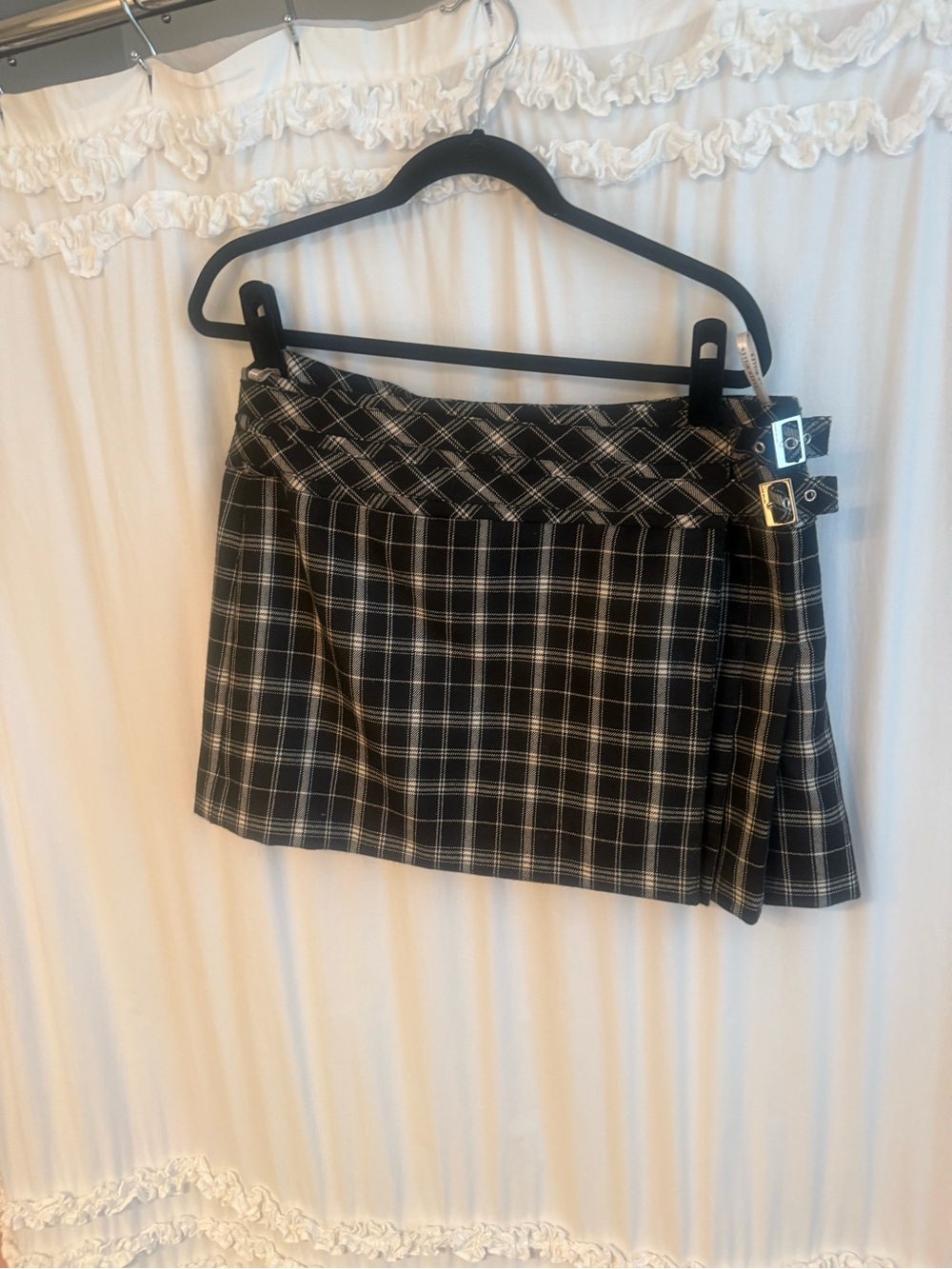 Karen Millen Black and White Plaid Mini Skirt with Buckle Straps